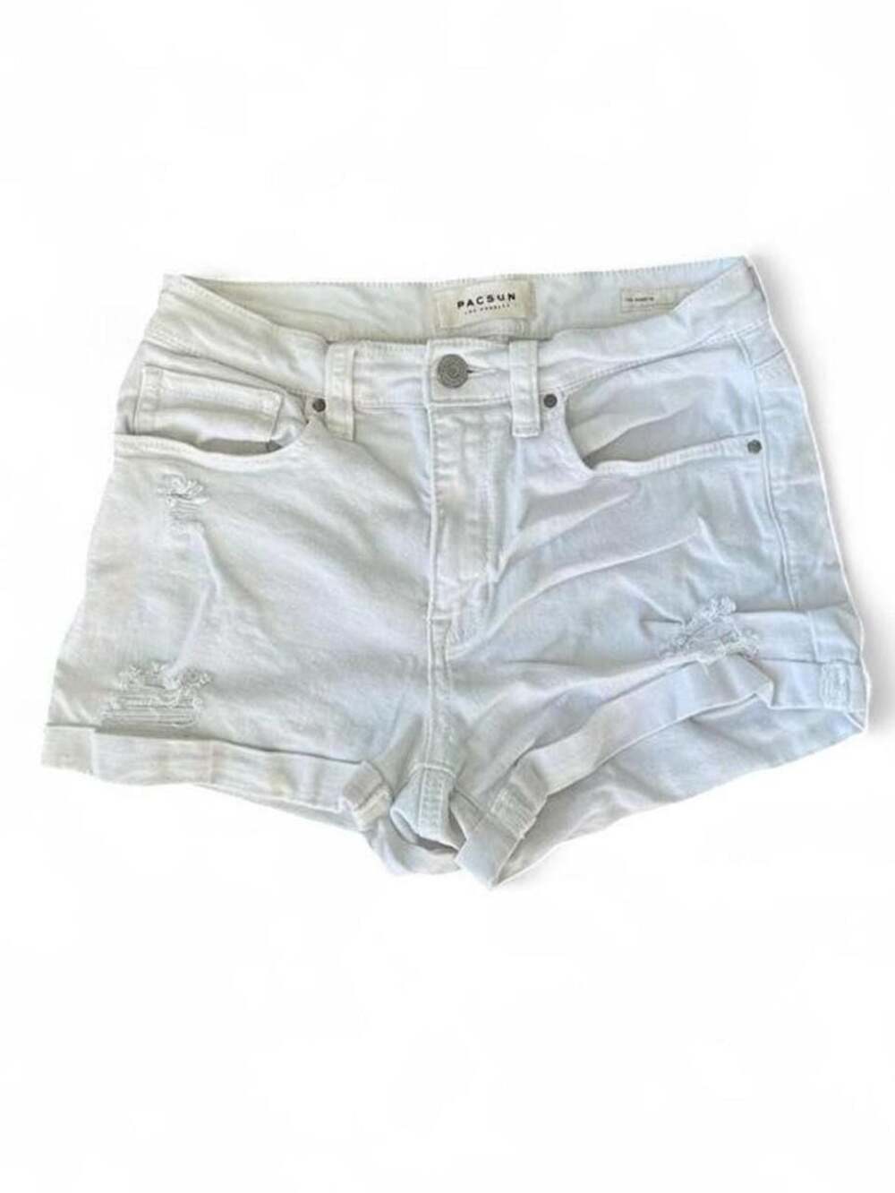 Y2K PacSun White Distressed Low‑Rise “The Shortie” Denim Shorts Size 26" Waist